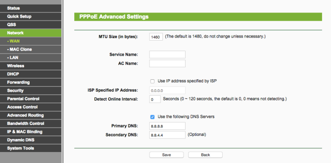 MTU size setting under the PPPoE advanced options on a TP-Link router